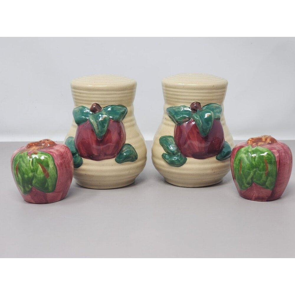 Vintage 3D Apples And Leaves Design Salt & Pepper Shakers Set Of 2 Small & Large